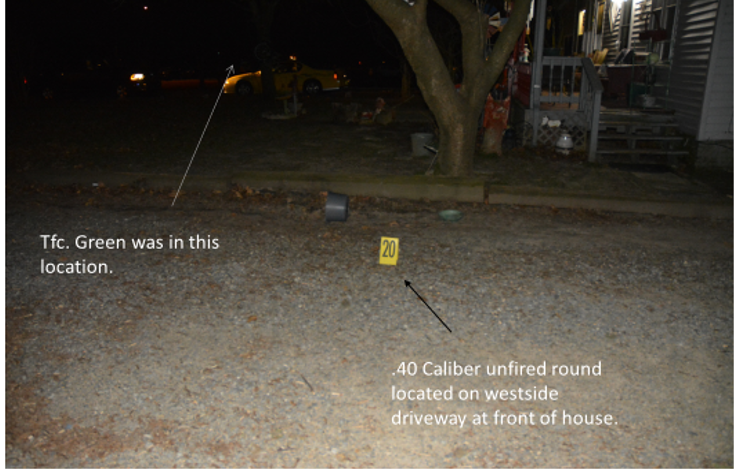 Left: Tfc. Green was in this location. Right: .40 caliber unfired round located on westside driveway at front of house.