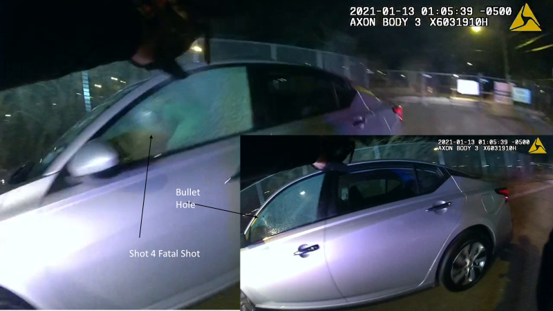 Photo of Shot 4 from Officer Ieradi’s body-cam footage.  Shot 4 is the only gunshot that struck Moses.