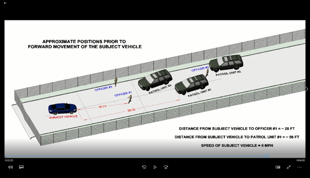Diagram 1.  Approximate Positions Prior to Forward Movement of the Subject Vehicle.  Four seconds passed before Mr. Moses drove in Officer Ieradi’s direction, and the first shot was fired.