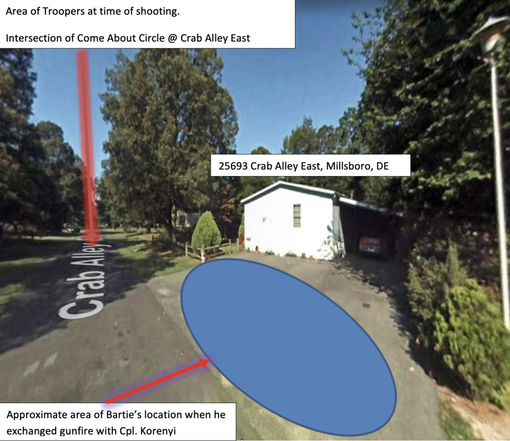 Diagram of Trooper and subject locations outside Bartie's residence.