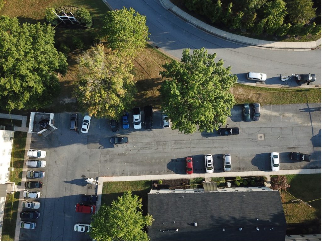 Overhead drone view depicting location of V2’s vehicle, Herndon’s vehicle, and both police vehicles 