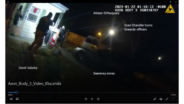 Body worn camera screenshot showing DiPasquale, Chandler turning toward officers, Salasky, and Sweeney-Jones