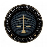 Delaware Department of Justice Data Lab logo featuring a binary globe and scales of justice