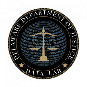 Delaware Department of Justice Data Lab logo featuring a binary globe and scales of justice